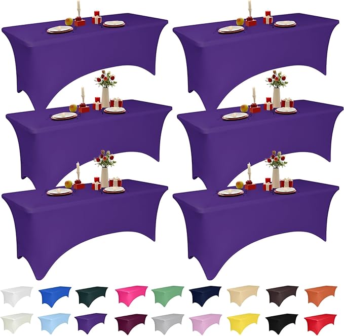 6 Pack 6 Feet Purple Spandex Tablecloth for Rectangular Tables, Fitted & Stretch, Washable, Wrinkle Resistant, Perfect for Event, Wedding, Party, Banquet, Cocktail, Festival, and Table Protector