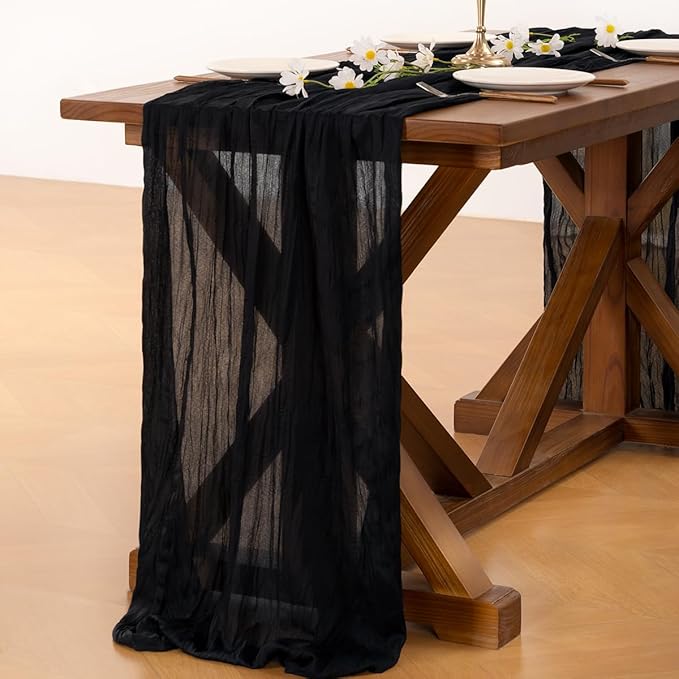 Socomi 3pcs Black Summer Cheesecloth Table Runner Boho Rustic Gauze 120 inch 10FT Cheese Cloth Sheer Runner for Wedding Party Baby Shower Birthday Home Decor Holiday Decorations