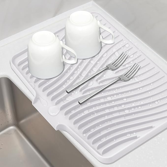 Silicone Dish Drying Mat for Kitchen Counter, Non-Slip Drain Pad with Built-in Drain, Dish Drying Pad, Large Heat Resistant Stone Drying Mat(White 16" x 12")