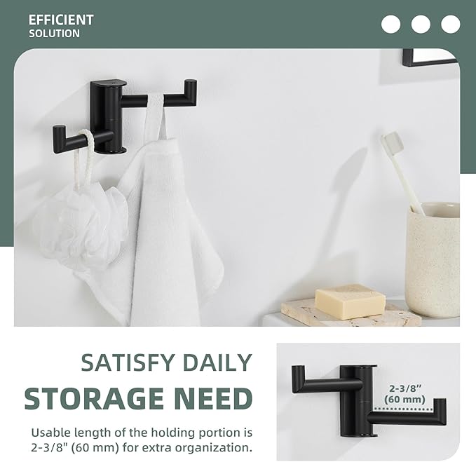 Angle Simple Swivel Double Towel Hook Matte Black, 304 Stainless Steel Robe Hook for Bathroom