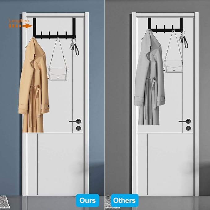 2 Pack Over The Door Hooks, Sturdy Door Hanger, Large Over The Door Towel Rack with 12 Hooks, Heavy Duty Easy to Install, for Bathroom, Bedroom，Kitchen，Hanging Towels, Coats (Black)