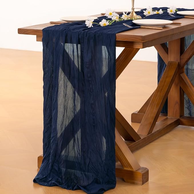 Socomi Navy Blue Summer Cheesecloth Table Runner Boho Rustic Gauze 120 inch 10FT Cheese Cloth Sheer Runner for Wedding Party Baby Shower Birthday Home Decor Holiday Decorations