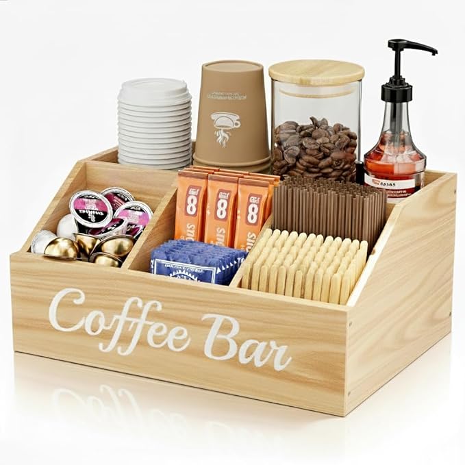 Coffee Station Organizer for Countertop – Wooden Coffee Bar Organizer with Adjustable Dividers,Holds K Cup Pod & syrup bottles, for Kitchen, Office, or Bar and Tea Station, Wood Color