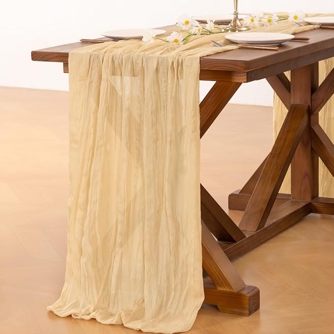 Socomi 3pcs Gold Champagne Cheesecloth Table Runner Summer Boho Rustic Gauze 120 inch 10FT Cheese Cloth Sheer Runner for Wedding Party Baby Shower Birthday Home Decor Holiday Decorations