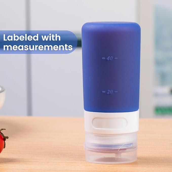 MICEBAY Condiment Squeeze Bottles for Sauces, 2-oz Mini Silicone Salad Dressing Container to Go with Snack Storage Bag, Leakproof Sauce Bottles for Lunch Box, 4 Pack, Blue
