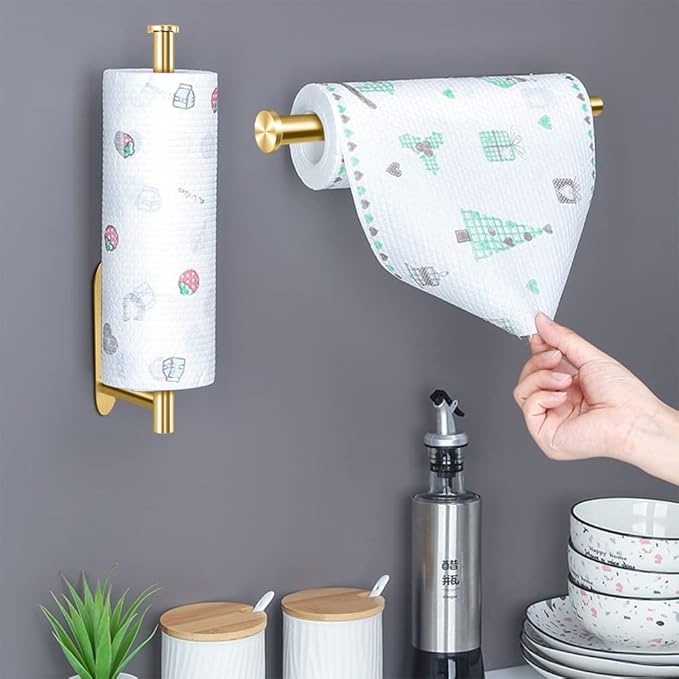 MGahyi 13.2 Inch Wall Mount Paper Towel Holder, Self Adhesive & Drilling Dual Use Under Cabinet Towel Rack, L-Type Rust Resistant Metal Roll Hanger for Kitchen, Bathroom, Pantry(Gold, Rectangle)