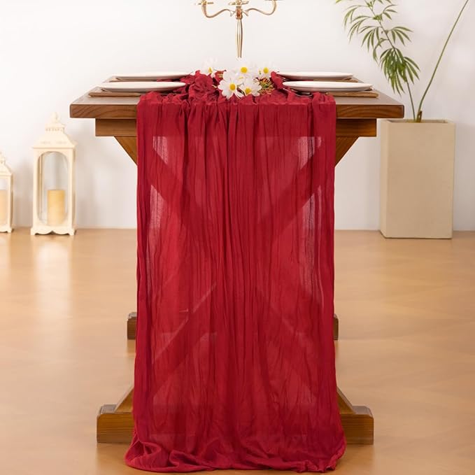 Socomi 6pcs Red Cheesecloth Table Runner Boho Rustic Gauze 120 inch 10FT Cheese Cloth Sheer Runner for Wedding Party Baby Shower Birthday Home Decor Holiday Decorations