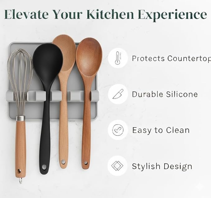 Silicone Spoon Rest for Stove Top – Silicone Utensil Holder with Large Drip Tray, Heat Resistant, BPA Free Food-Grade Silicone, Non-Slip Base, Dishwasher Safe, 4-Slot Design, Includes 2 Sponges (Gray)
