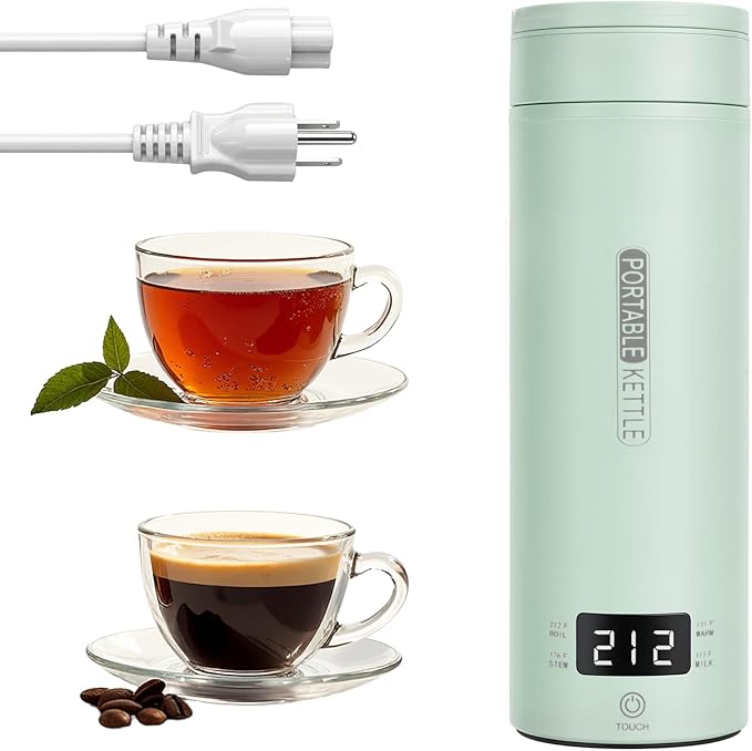 Portable Electric Kettle forTravel, Small Hot Water Kettle with NTC Temperature Control and Auto Shut-Off, 316 Stainless Steel, Green 120V & 15oz