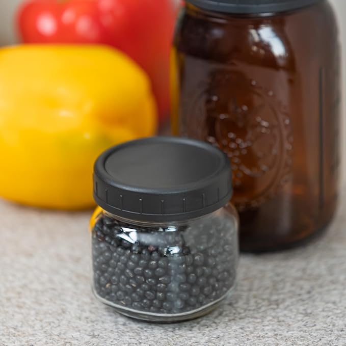 Bedgeta 9 Black Plastic Regular Mouth Mason Jar Lids with Silicone Ring,Thickened Leak-proof Lids Fit Ball,Kerr and More, 70mm(Black)
