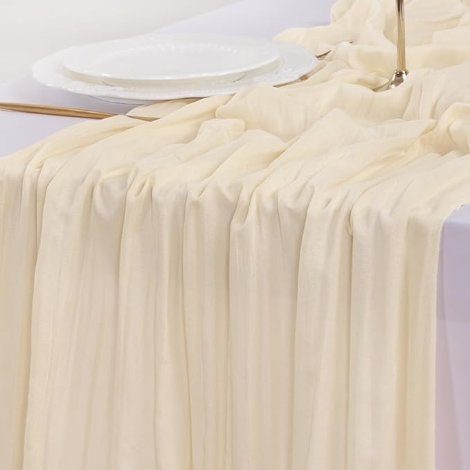 Socomi 6pcs Beige Summer Cheesecloth Table Runner Boho Rustic Gauze 120 inch 10FT Cheese Cloth Sheer Runner for Wedding Party Baby Shower Birthday Home Decor Holiday Decorations