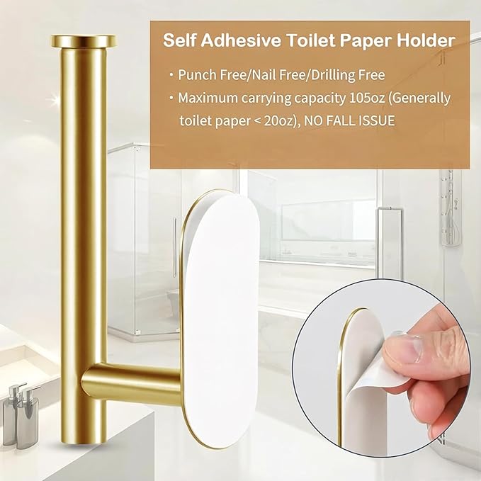 JOPOFI Toilet Paper Holder - Self Adhesive Toilet Paper Holder Wall Mount for Bathroom, Command Strip Stainless Steel Toilet Paper Roll Holder Stick On Wall, No Drilling - Brushed Gold（2 Pcs）