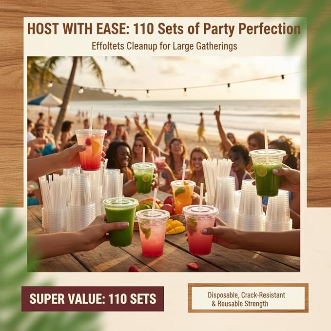 110 Pack Clear Plastic Cups with Lids and Straws, 16 oz Disposable Iced Coffee Cups To Go, BPA-Free Cold Drink Cups for Smoothie, Matcha, Parties