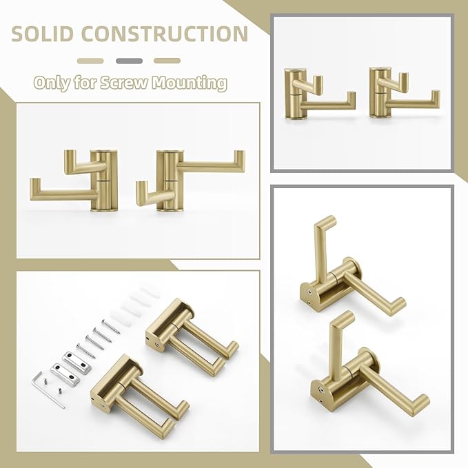 Angle Simple Swivel Hooks for Bathroom, SUS304 Stainless Steel 2 Arms Bath Towel Robe Hook Wall Mount, 2 Pack, Brushed Gold