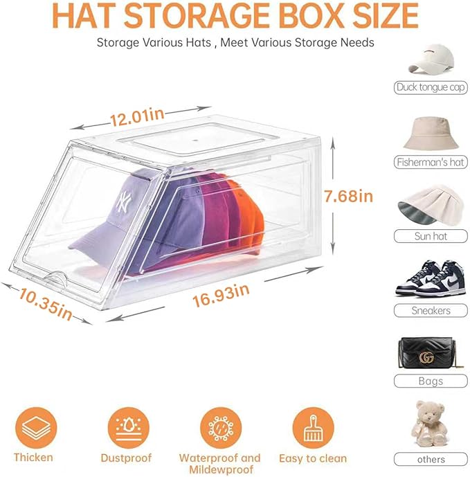 2 Pack Hat Organizer for Baseball Caps,Large Clear Cap Organizer with Drawer,Hats Holder Box for Closet with Sliding Tray,Stackable Hat Rack Display Case,Multi-use Hat Case for Caps,Each Holds 12 Hats