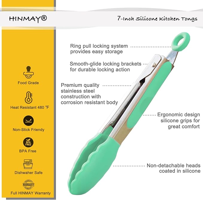 HINMAY Mini Tongs with Silicone Tips 7 Inches Silicone Cooking Tongs, Set of 3 (Mint)