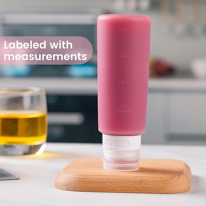 MICEBAY Condiment Squeeze Bottles for Sauces, 6-oz Small Silicone Salad Dressing Container to Go with Snack Storage Bag, Leakproof Sauce Bottles for Lunch Box, 4 Pack, Pink