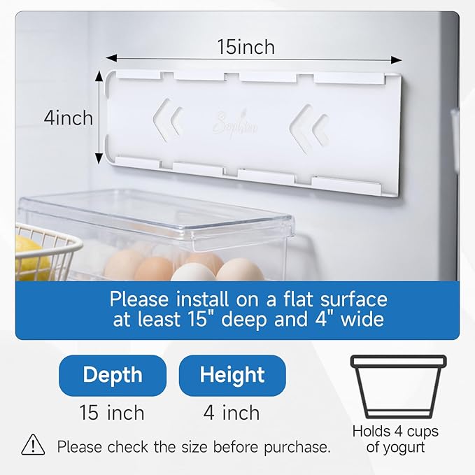 SOPHICO Yogurt Organizer for Fridge, 4 Capacity Sliders for Refrigerator, Holder with Adhesive Tapes for 3.75 Inch Yogurt, Greek and Vegan (White,1 Pack)