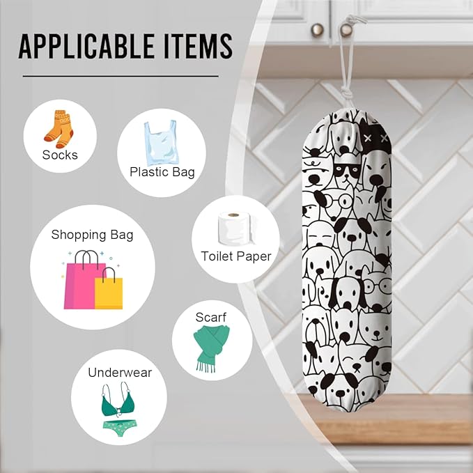 Dog Plastic Bag Holder, Cute Dogs Reusable Shopping Bags Storage Dispenser, Fabric Garbage Trash Bag Dispenser for Home Kitchen Pantry Cabinet, Wall Mount, Kitchen Housewarming Gifts