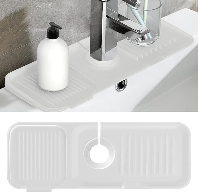 Toovem Kitchen Faucet Sink Splash Guard,14.5x5.5in Silicone Faucet Water Catcher Mat, Faucet Handle Drip Catcher Tray,Soap Sponge Holder for Kitchen, Bathroom, Farmhouse, Countertop Protect, Clear