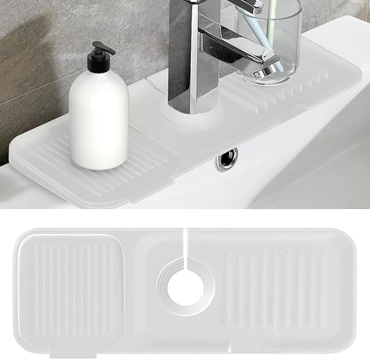 Toovem Kitchen Faucet Sink Splash Guard,14.5x5.5in Silicone Faucet Water Catcher Mat, Faucet Handle Drip Catcher Tray,Soap Sponge Holder for Kitchen, Bathroom, Farmhouse, Countertop Protect, Clear