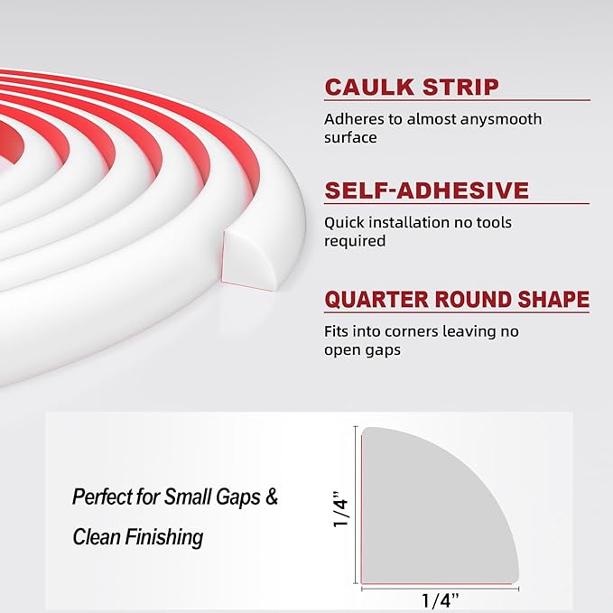 0.25" x 0.25" Slim Quarter Round Molding,20FT Self Adhesive Flexible Trim for Small Gaps, Countertop Wall Seam, Window Sill, Desk & Cabinet Edge, Peel and Stick Finishing Strip