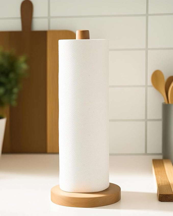 KitchLife Wooden Paper Towel Holder Countertop, Fits Jumbo Roll - Solid Beechwood Paper Towel Dispenser Stand with Wide Anti-Skid Base