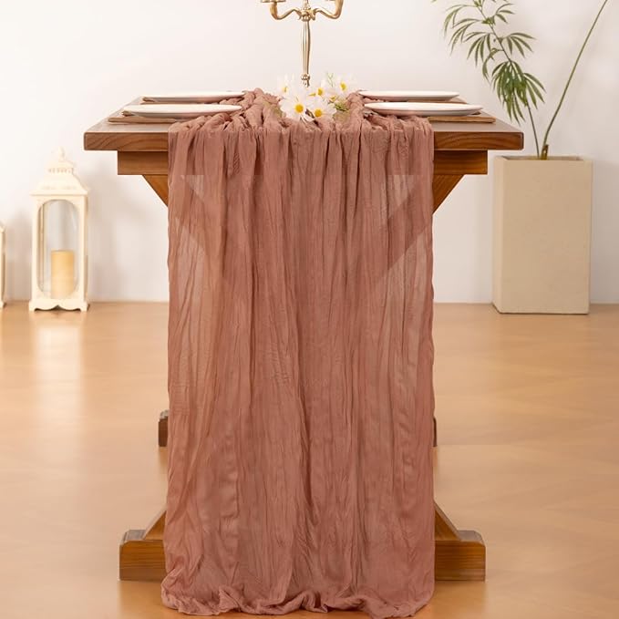 Socomi 6pcs Dusty Rose Summer Cheesecloth Table Runner Boho Rustic Gauze 120 inch 10FT Cheese Cloth Sheer Runner for Wedding Party Baby Shower Birthday Home Decor Holiday Decorations