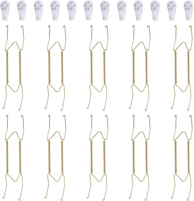 10 Piece Plate Hangers, 12 Inch Invisible Brass Wall Plate Hangers, Comes with 12 Piece Wall Hooks for Decorative Plates