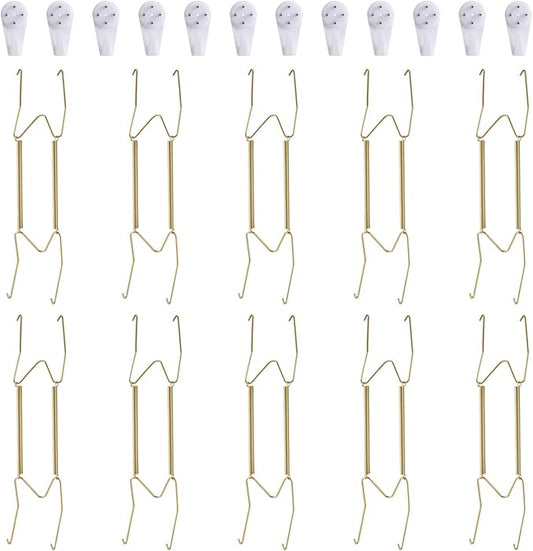 10 Piece Plate Hangers, 12 Inch Invisible Brass Wall Plate Hangers, Comes with 12 Piece Wall Hooks for Decorative Plates