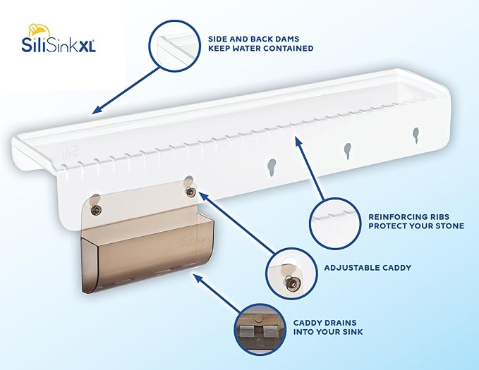 SiliSink XL Silicone Edge Guard for Kitchen Sink - Fits 3.75” - 4” Wide - The Original Silicone Sink Edge Protector with Sponge Caddy - Splash Guard, 20” Clear Diamond