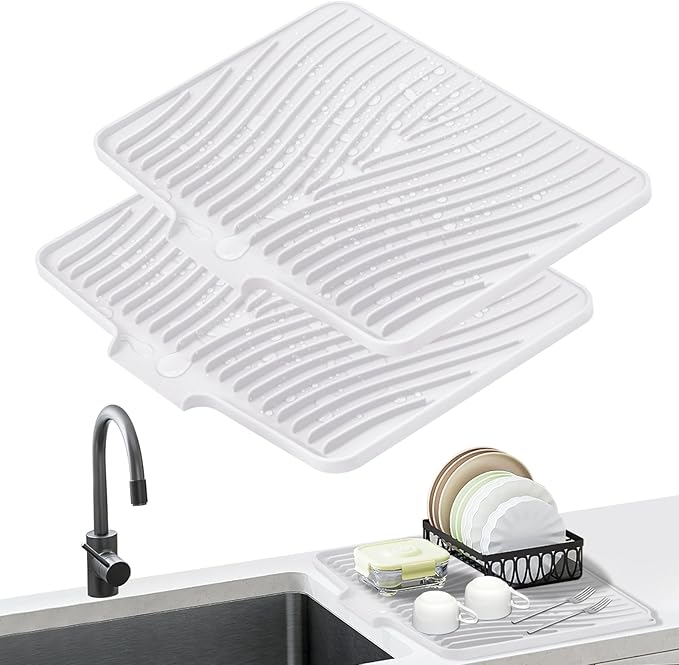 Silicone Dish Drying Mat, Stone Drying Mat for Kitchen Counter with Built-In Drain, Non-Slip Drain Pad with Built-in Drain, Heat Resistant Stone Drying Mat, Hangable, White-2pcs, 16" x 12"