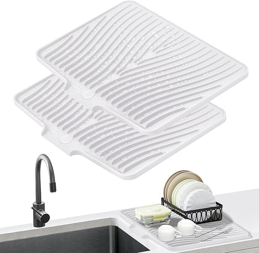 Silicone Dish Drying Mat, Stone Drying Mat for Kitchen Counter with Built-In Drain, Non-Slip Drain Pad with Built-in Drain, Heat Resistant Stone Drying Mat, Hangable, White-2pcs, 16" x 12"