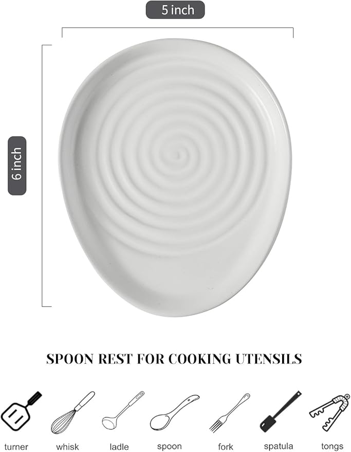 Ceramic Spoon Rest for Stove Top, Spoon Holder for Kitchen Counter, Farmhouse Cooking Utensil Holder for Spoons, Ladles, Spatula, Matte White