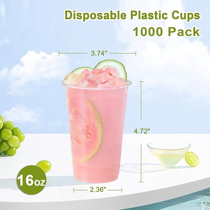 Lamosi 1000 Pack 16 oz Plastic Cups, Plastic Disposable Cups, Cold Drinking Water cups for Party, Wedding, Travel, BBQ, Picnic, Event