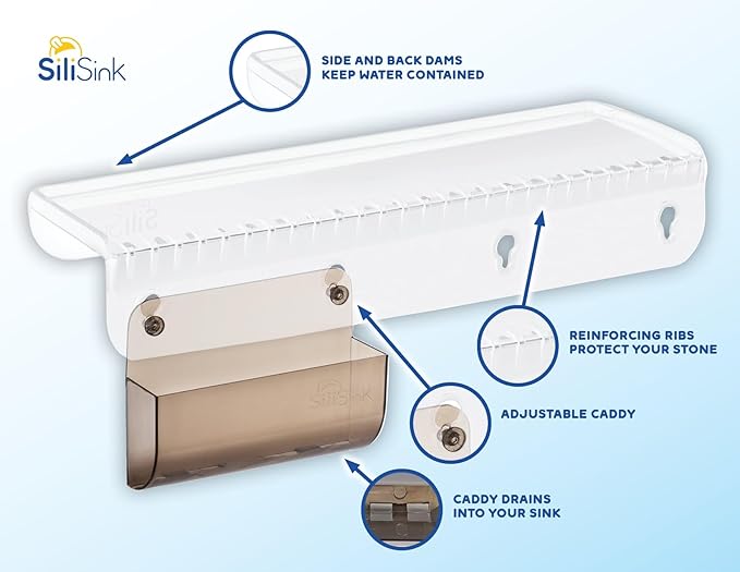 SiliSink Silicone Edge Guard for Kitchen Sink - Fits 3.75” - 4” Wide - The Original Silicone Sink Edge Protector with Sponge Caddy - Splash Guard, 14” Clear Diamond