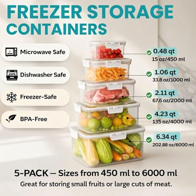 Fruit Containers for Fridge Keep Fresh, 5-Pack BPA-Free Produce Storage Containers with Removable Colander, Airtight Fridge Organizer for Berry Vegetable, Microwave & Dishwasher Safe (White)