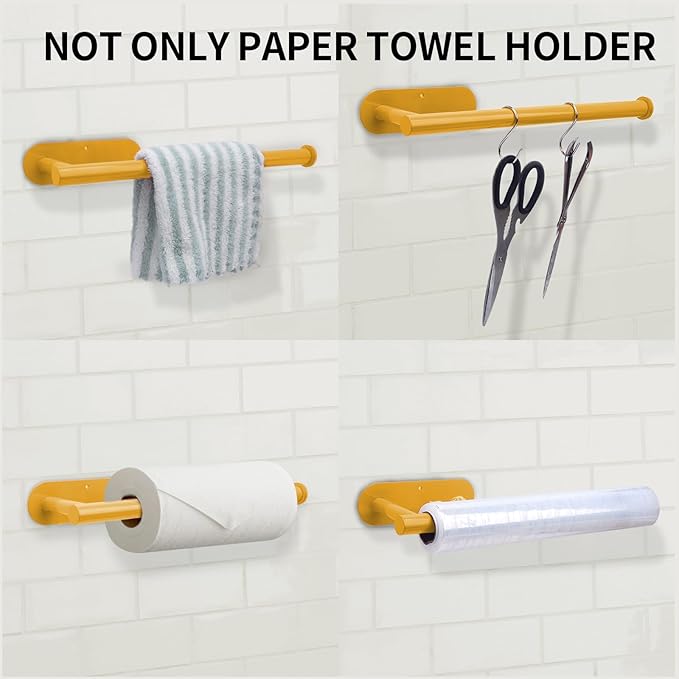 YeeBeny Yellow Paper Towel Holder - Self Adhesive or Drilling, Under Cabinet & Wall Mounted Roll Holder for Kitchen