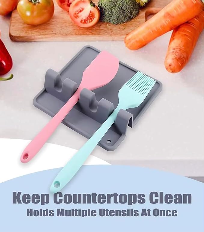 Silicone Spoon Rest for Stove Top – Silicone Utensil Holder with Large Drip Tray, Heat Resistant, BPA Free Food-Grade Silicone, Non-Slip Base, Dishwasher Safe, 4-Slot Design, Includes 2 Sponges (Gray)