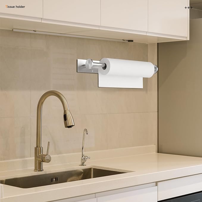 Paper Towel Holder Wall Mount - Self Adhesive No Drill or Drilling, SUS304 Stainless Steel - Kitchen, Bathroom, Sink, Pantry, Fridge (Silver)