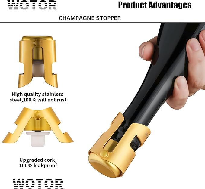 WOTOR 3 Pack Champagne Stoppers with Stainless Steel Champagne Saver with Food Grade Silicone Leak proof Keep Fresh Reusable Champagne Cork for Champagne, Cava, Prosecco and Sparkling（Triple Color）