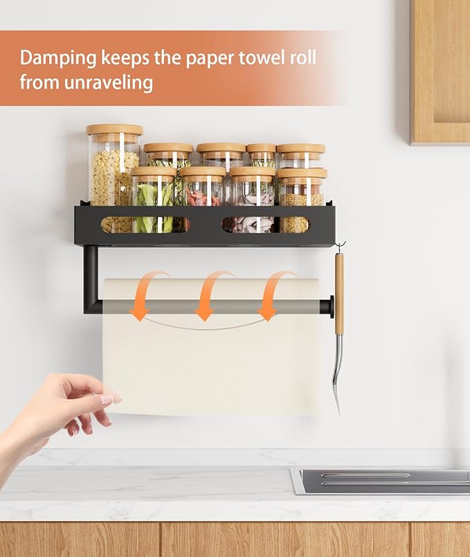 Paper Towel Holder Wall Mount with Shelf, Easy One Hand Tear, Adhesive Glue or Drill Mount Hanging Paper Towel Holder with Shelf for Kitchen/Bathroom/RV, Black Metal, 4 Hooks