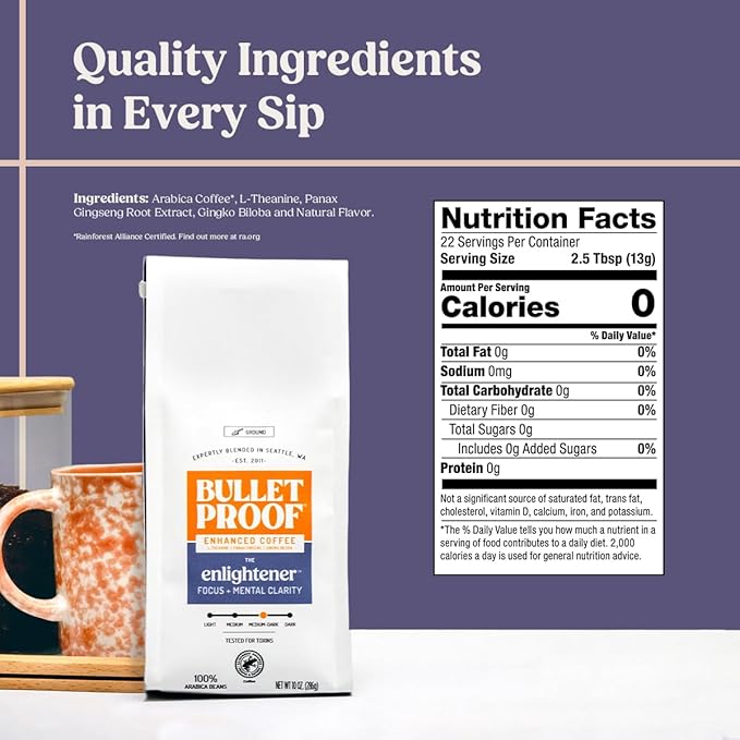 Bulletproof Enlightener Ground Coffee, Enhanced Coffee with L-Theanine, Panax Ginseng and Gingko Biloba, Supports Mental Clarity, Focus, and Memory, Medium-Dark Roast, 10 oz