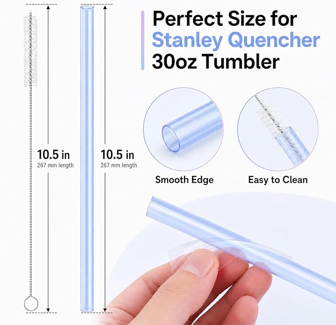Joshey 10.5 Inch Tritan Replacement Straws for Stanley 30oz Tumbler - 6 Pack Reusable Long Straws with Cleaning Brush, Fits 30oz Stanley Cup Accessories, BPA-Free (6 Colors)