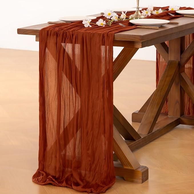 Socomi 2pcs Terracotta Summer Cheesecloth Table Runner Boho Rustic Gauze 120 inch 10FT Cheese Cloth Sheer Runner for Wedding Party Baby Shower Birthday Home Decor Holiday Decorations
