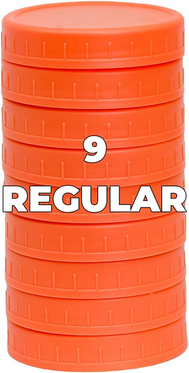 Bedgeta 9 Regular Mouth Mason Jar Lids with Silicone Ring,Thickened Leak-proof Lids Fit Ball,Kerr and More, 9 Orange Plastic, 70mm(Orange)