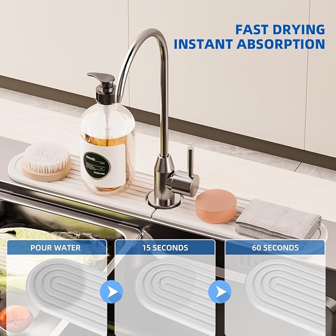 PEKER Faucet Mat for Kitchen Sink 19.7" – Diatomite Fast Drying Stone Sink Tray, Super Absorbent Faucet Splash Guard for Bathroom Counter, Sink Drip Catcher & Organizer