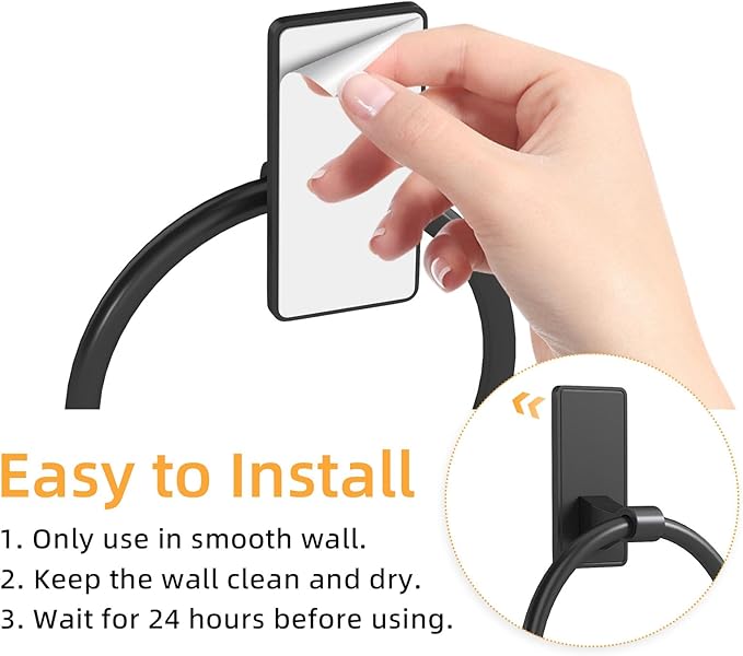 Towel Ring, SUS304 Hand Towel Holder for Bathroom，Matte Black Towel Holder Bathroom Adhesive Towel Hanger for Bathroom, Kitchen, 2 Pack