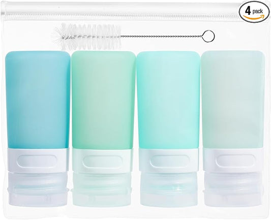 MICEBAY Condiment Squeeze Bottles for Sauces, 2-oz Mini Silicone Salad Dressing Container to Go with Snack Storage Bag, Leakproof Sauce Bottles for Lunch Box, 4 Pack, Mint