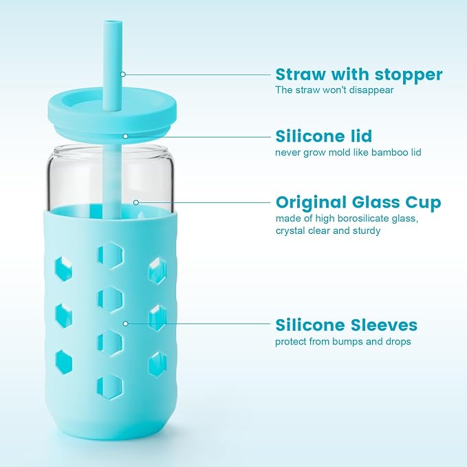 Mrsdry Glass Cups with Lids and Straws (4 Pcs), 20oz Drinking Glasses Set with Silicone Sleeves for Coffee Bar Accessories Iced Coffee Cups with Lids, Glass Tumbler Reusable for Gifts